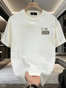 Men'S Heavyweight T-Shirt with "I'M OK" Golden Print and Thumbs Up Icon| White Short Sleeve Round Neck Casual Tee, Loose Fit, Machine Washable, Perfect for All-season Casual Wear and Gym