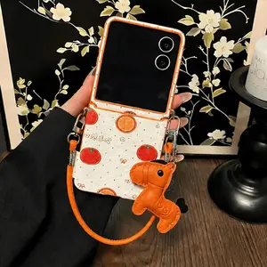 Korean Cute Wave Point Orange Phone Case With Leather Pony Rope for Samsung Galaxy Flip7 Flip7fe Flip6 5 Xiaomi mixflip 2 Cover