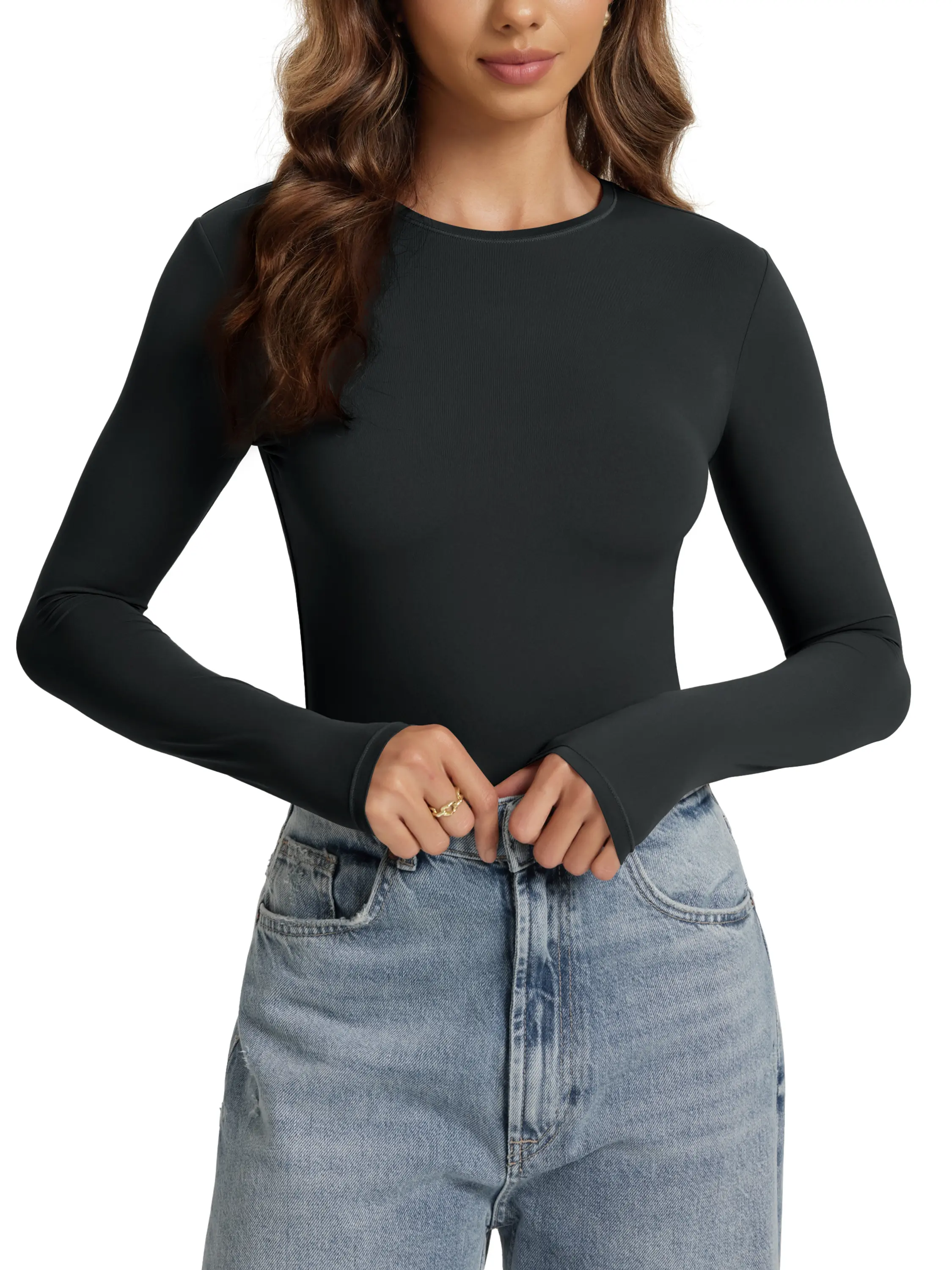 ODODOS Women's Double Layer Long Sleeve T-Shirts Ultra-Soft Lightweight Basic Tee Crew Neck Slim Fit Top summerwins