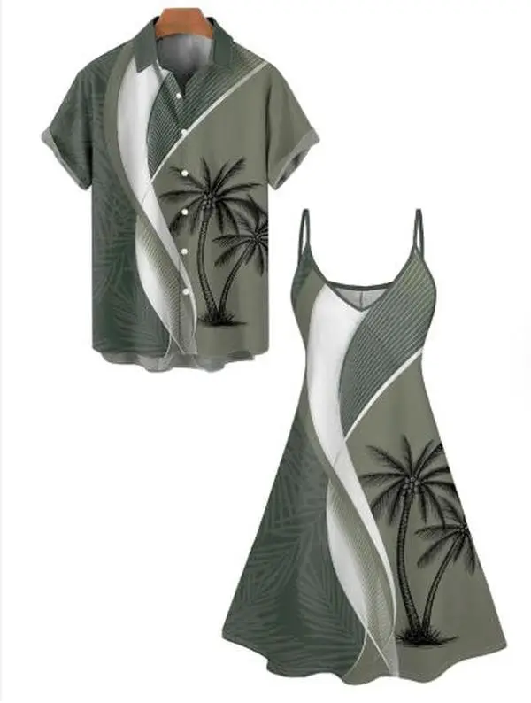 DRESSLILY His and Hers Matching Outfit, Chic Casual Leaf Print Women's Sleeveless High-Waist Maxi Dress and Men's Short-Sleeve Button Shirt Set