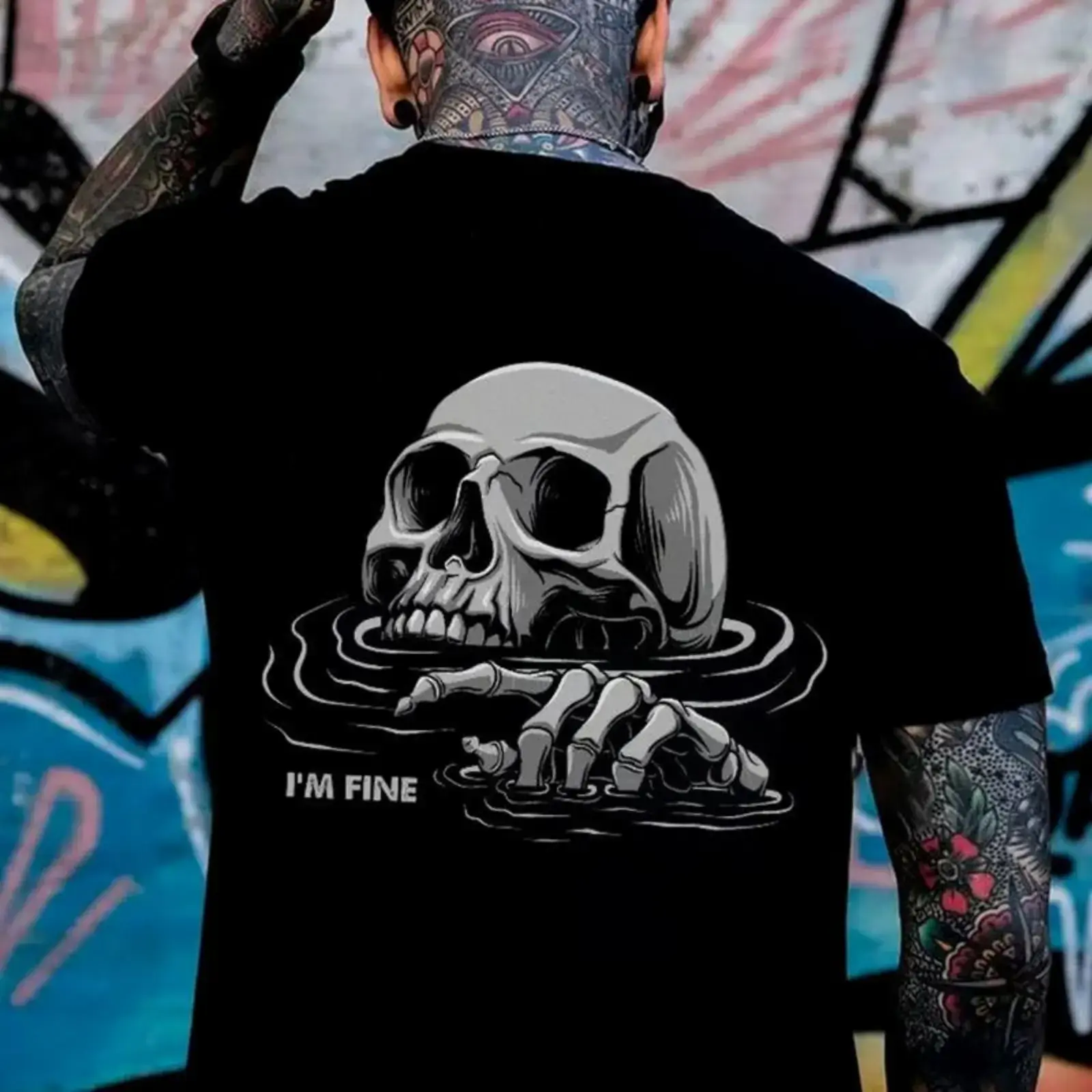 TF I'M FINE Drowning Skull Black Print Men’s Unisex Fashion Soft Fabric ShortSleeve Regular Fit Casual Streetwear Crewneck Graphic Tropical