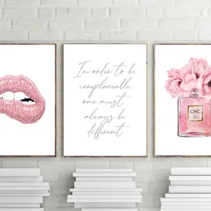 chic perfume print, fashion wall art, pink lips poster, perfume print, grey quote paris,set of 3,vanity decor, bedroom decor, print  #167