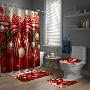 4pcs Christmas Winter Shower Curtain Set, Festive Snowflake Design, Washable Bathroom Decorations with Hooks & Non-Slip Mat, Bathroom Decoration Accessories