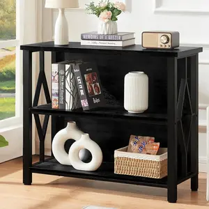 Bookshelf, 3-Tier Rustic Short Bookshelf, Industrial Shelf Bookcase with Engineered Wood Shelves, Low Bookcase with Storage, Small Shelf for Living Room, Bedroom and Office, Black