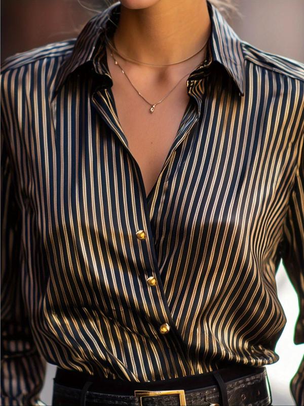 Spring Autumn Long Sleeve Striped Satin Blouse, Metal Buckle Design, Commuter Date Wear, Women's Shirt W0414