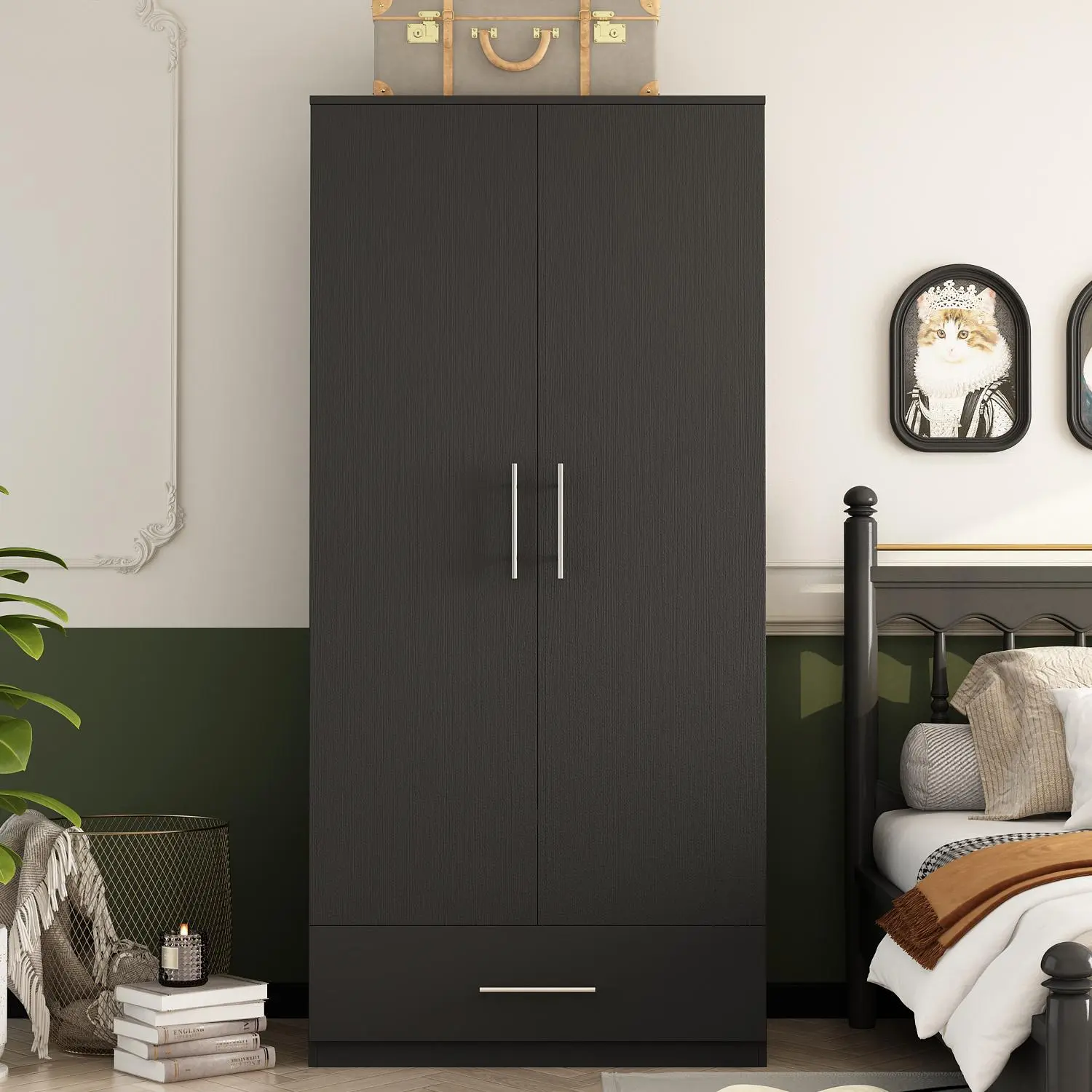 Freestanding Armoire Wardrobe Closet with Hanging Rod, Bedroom Wood Clothes Storage Cabinet Organizer , 2 Doors Wardrobe with Drawer