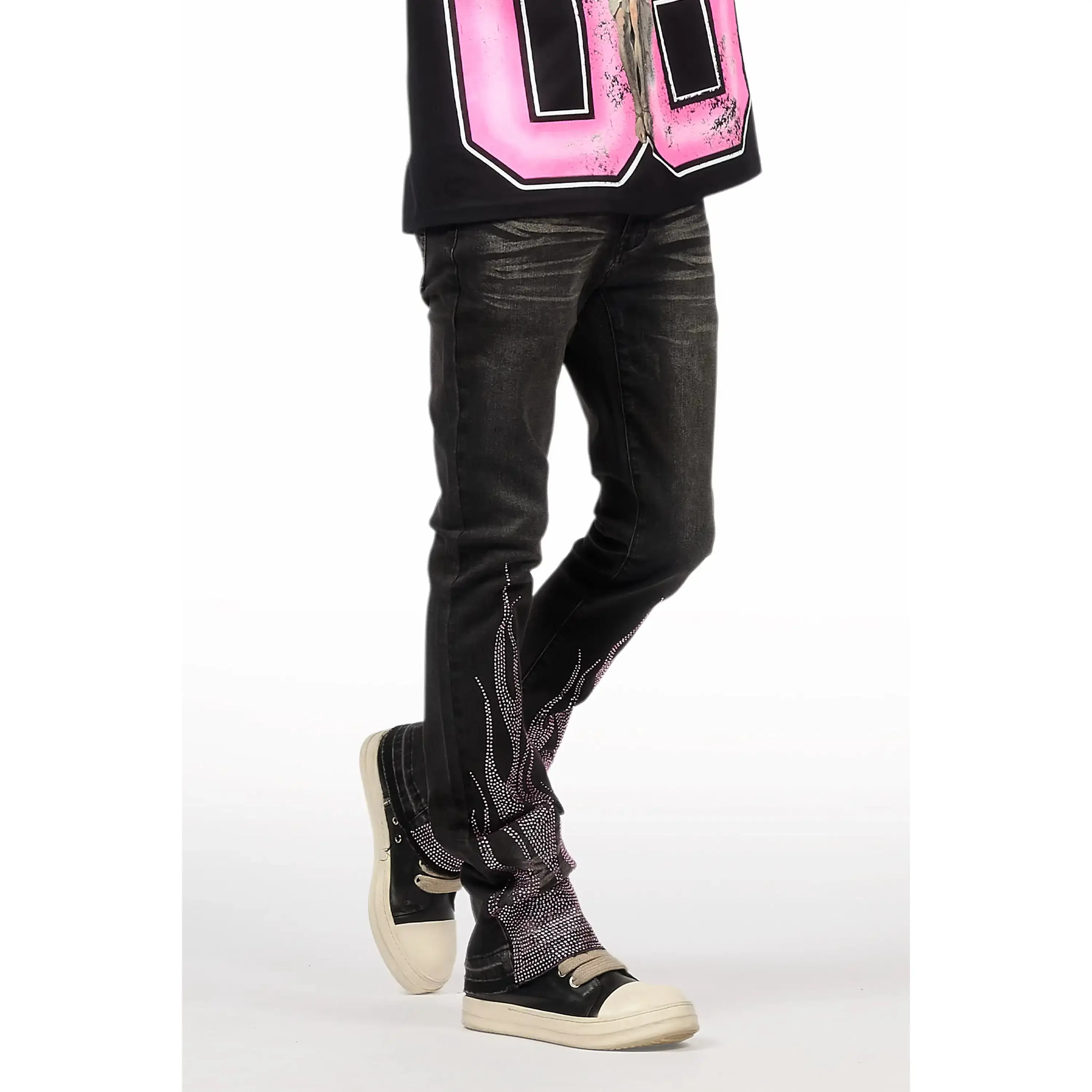 Samba Dark Grey/Pink Rhinestone Stacked Flare Jean