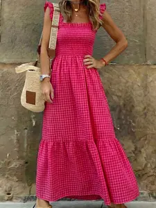 Hot Pink Gingham Plaid Maxi Sundress for Women - Square Neck Smocked Bust Fit and Flare Summer Vacation Dress with Pockets Casual Ruffle Strap Long Dress
