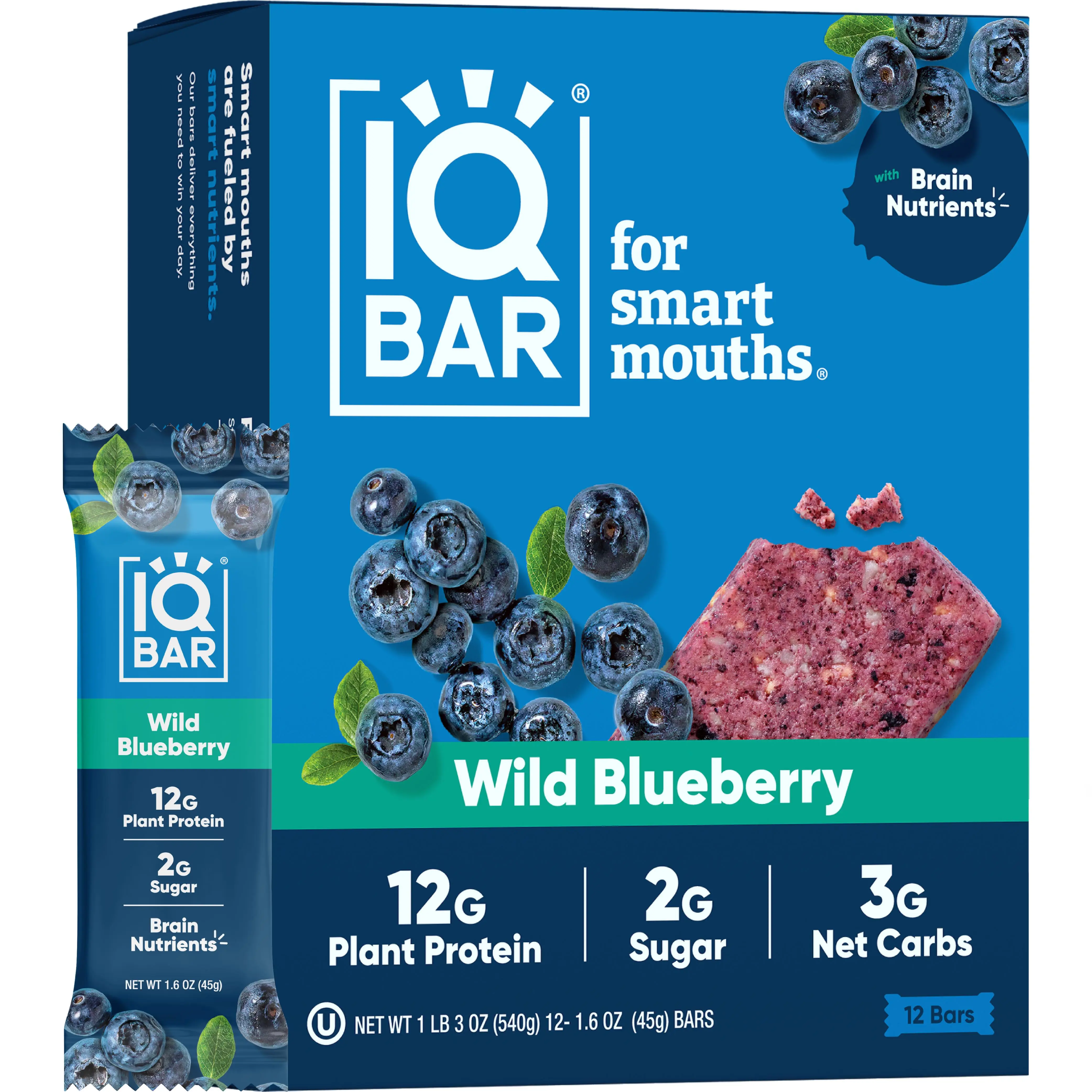 IQBAR Wild Blueberry Brain and Body Natural Plant Protein Bars - 12 Count, Low Carb, High Fiber, Gluten Free, Low Sugar, Healthy Vegan Keto Snack Bars Pack