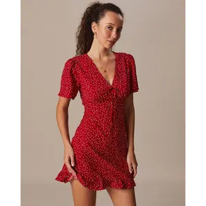 The Red V Neck Polka Dot Flounce Mini Dress