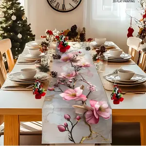 2D flat printing, 1 elegant marble patterned table runway with pink artificial orchid decoration, table cloth, suitable for kitchen and home decoration, durable and easy to clean, multifunctional and suitable for all occasions of table decoration