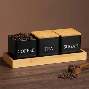 3-Piece & Kitchen Storage Jars Set, Cute Bamboo Lid Metal Food Containers, Separate Coffee Tea Sugar, Holiday Gift