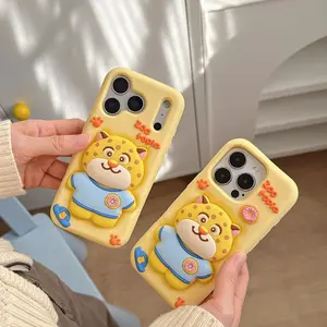 Cute Cartoon Leopard Silicone Phone Case For iPhone 17 16 15 14 13 12 Pro Max, Drop-Resistant with Stand Protective Cover
