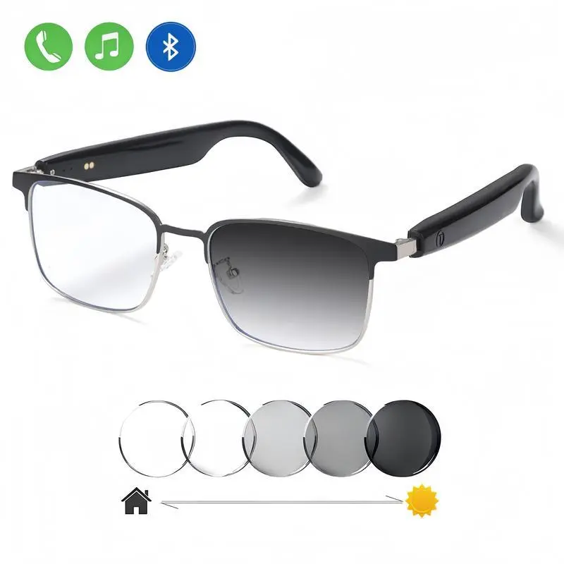 2025 New Unisex Adult Smart Glasses - Silver Frame, Variable Light Lenses, Bluetooth, Auto-Color Dimming, Anti-Blue Light, Music & Calling Functionality, Suitable for Driving & Indoor Sports, Holiday Wearable Gift