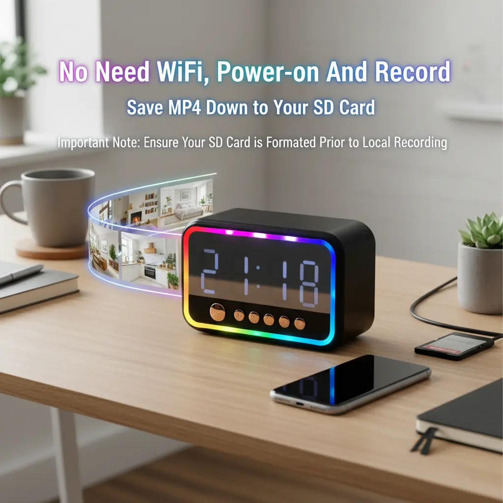 Multifunctional RGB Colorful: 4K UHD WiFi, Alarm Clock, FM Radio, Clock  Local Storage via SD Card, Remote Viewing, 100° Wide-Angle, Universal USB Power