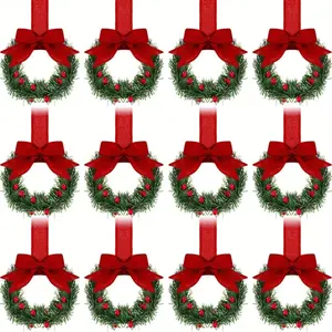 12pcs Christmas Wreaths with Bow & Foliage, Durable Plastic Holiday Decor, Easy to Hang, Festive Home & Garden, Party Decoration Supplies