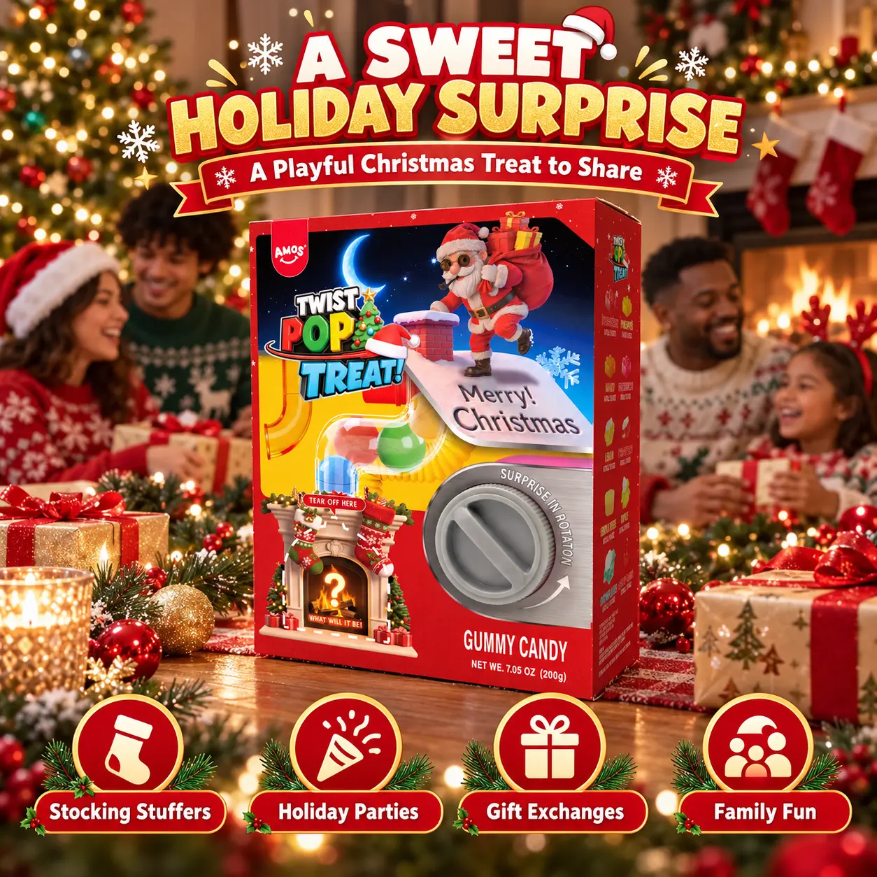 AMOS Twist Pop Treat Interactive Christmas Gummy Candy Gift Box, Assorted Fruity Mystery Treats, Holiday Stocking Stuffer, 7.05 oz