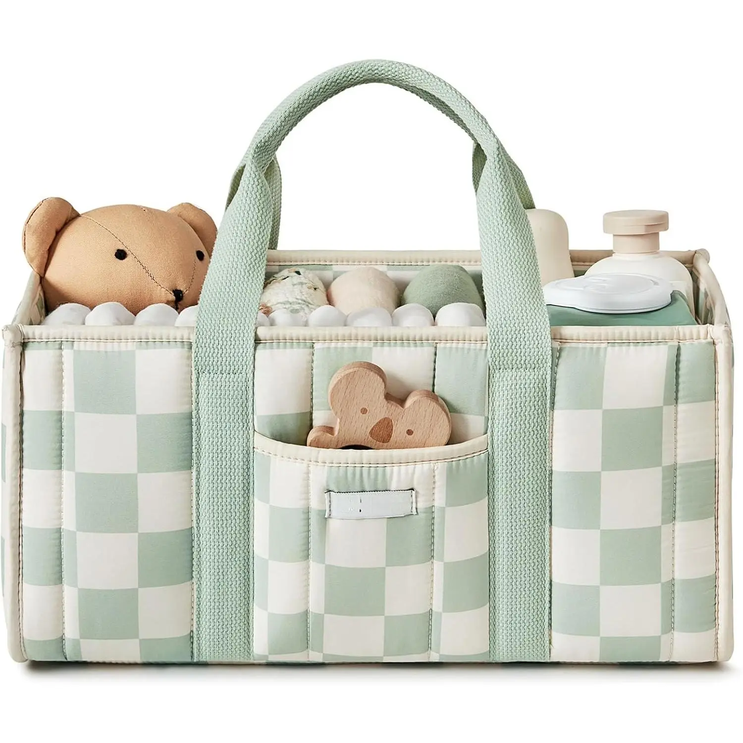 Checkered Diaper Caddy Organizer Sage Green Stylish Nursery Storage Basket Newborn Essentials BShower Gift Registry Must Haves