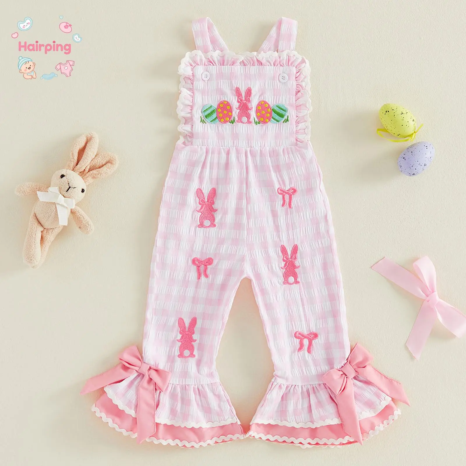 Vibrant Color Infant Easter Outfit - Breathable Pink Gingham Romper with Bunny & Egg Embroidery & Flared Hem, Affordable for Family Celebrations & Casual Daily Use