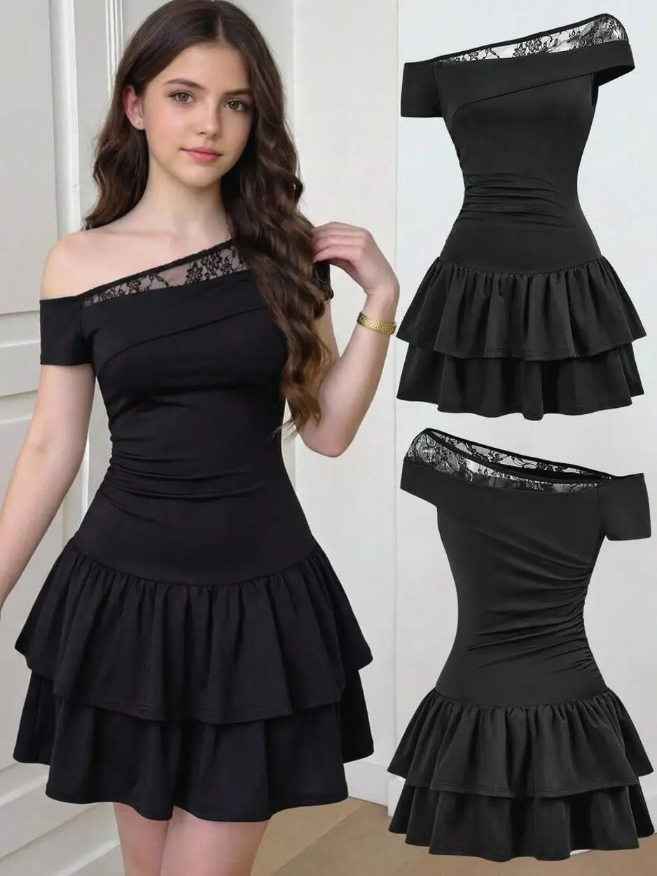 Teen Girls Black Lace Off-Shoulder Mini Dress, Tiered Ruffle Hem Formal Concert Party Outfit