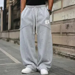 Men’s American high-street letter-print sweatpants — drapey wide-leg athletic pants, trendy casual long pants