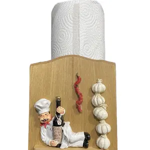 Chef-Themed Wooden Paper Towel Holder with Decorative Chef Figurine Garlic Accents & Red Chili Detail for Rustic Italian Farmhouse Kitchen Decor
