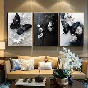3 Pieces/set Frameless Canvas Paintings, Oil Paintings, Creative Black Butterfly Flower Designs, Butterfly Pattern Design, Posters, Art Wall Decorations, Modern Home Decoration, Living Rooms, Bedrooms, Wall Murals