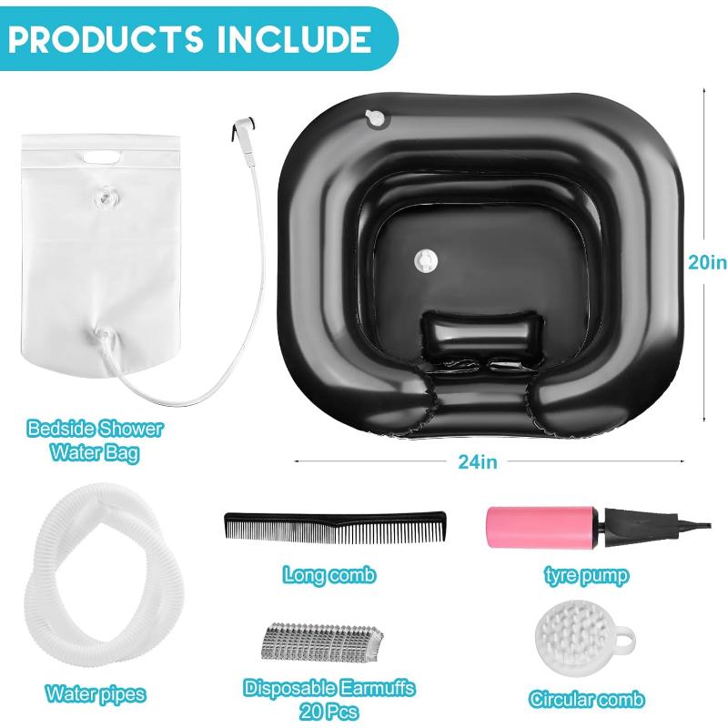 Inflatable Shampoo Basin, Loc Detox Tub for Dreads, Shampoo Buddy Bowl for Bedridden, Disabled,Injured with 2.5 GL Portable Water Shower Bag（Black）