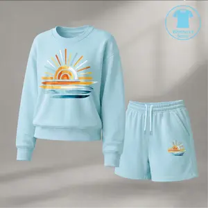 Women’s Sunset Graphic Sweatshirt and Shorts Set, Casual 2 Piece Outfit, Long Sleeve Pullover Top and Drawstring Shorts Matching Set, Beach Vacation Lounge Sportswear for Daily Wear, Travel, Spring and Fall
