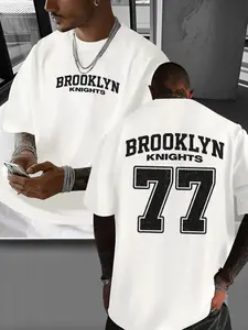 Men's Casual Slim Fit Short Sleeve Tee Shirt, Brooklyn Style Letter Print Design, All-Season Comfortable Top Without Zipper