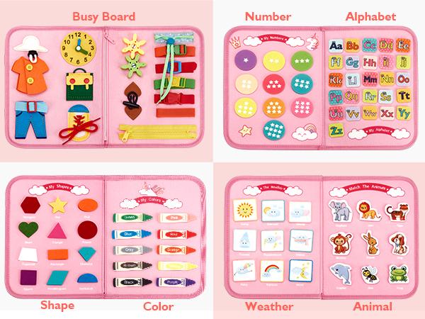 hahaland Busy Board for Toddlers - Montessori Sensory Toy & Travel Activity Book for Learning Fine Motor Skills, Educational Toy for Boys Girls, Hobbies Ideas, Kids Toys Magnetic Building Blocks Macaron Magnetic Blocks