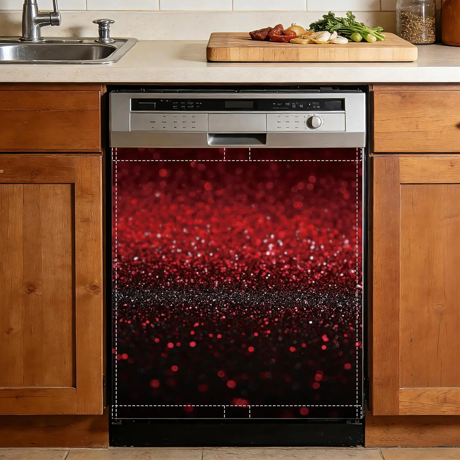 Glittery Red Gradient Dishwasher Magnet Sticker Cover - Smooth, Water-Proof PA Metal Fridge Decor, 23x26cm Kitchen Home Decorative Sticker
