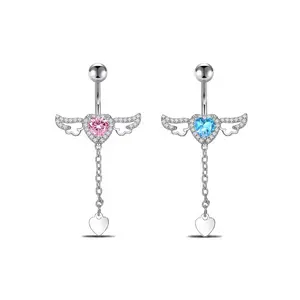 HERVAY Pink & Blue Crystal Angel Wing Belly Ring 14G/10MM Stainless Steel with Heart Charms Unisex Jewelry For Women And Men
