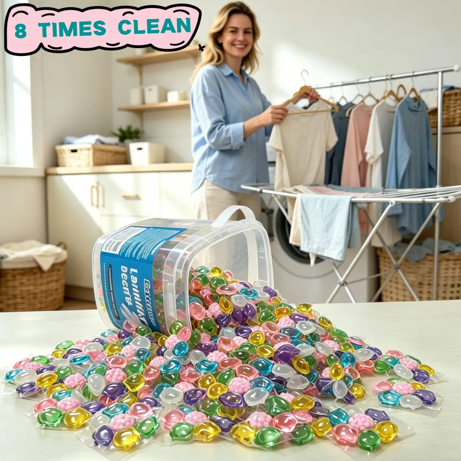 7-In-1 Concentrated Laundry Detergent Pods (290G) - Water-Soluble Outer Film, Instant Dissolving, Deep Cleaning, Long-Lasting Fragrance, Low Foam, Active Ingredients, Household Home Care Cleaner