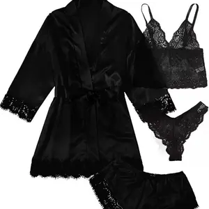European & American Women's Pajamas Set - 4-Piece Lace Camisole, Slip Dress & Robe for Summer Nights - Chic Elegant Loungewear - Basic Black Long Sleeve Minimalist Pajama Set - Comfortable & Stylish Sleepwear Collection