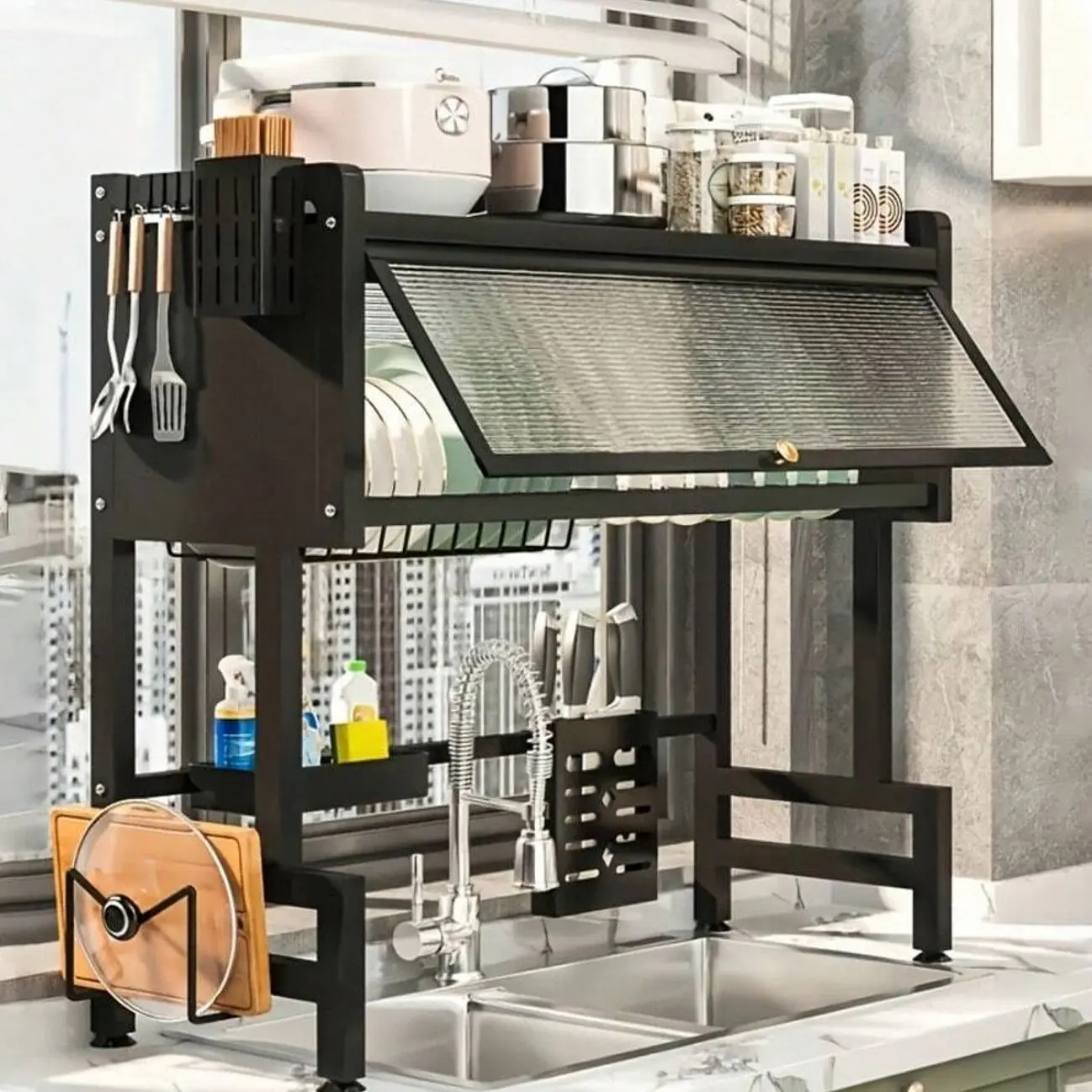 Multi-Tier Dish Drainer For Kitchen Sink And Countertop, Dust-Proof Dish Drying Rack And Cutlery Storage Organizer