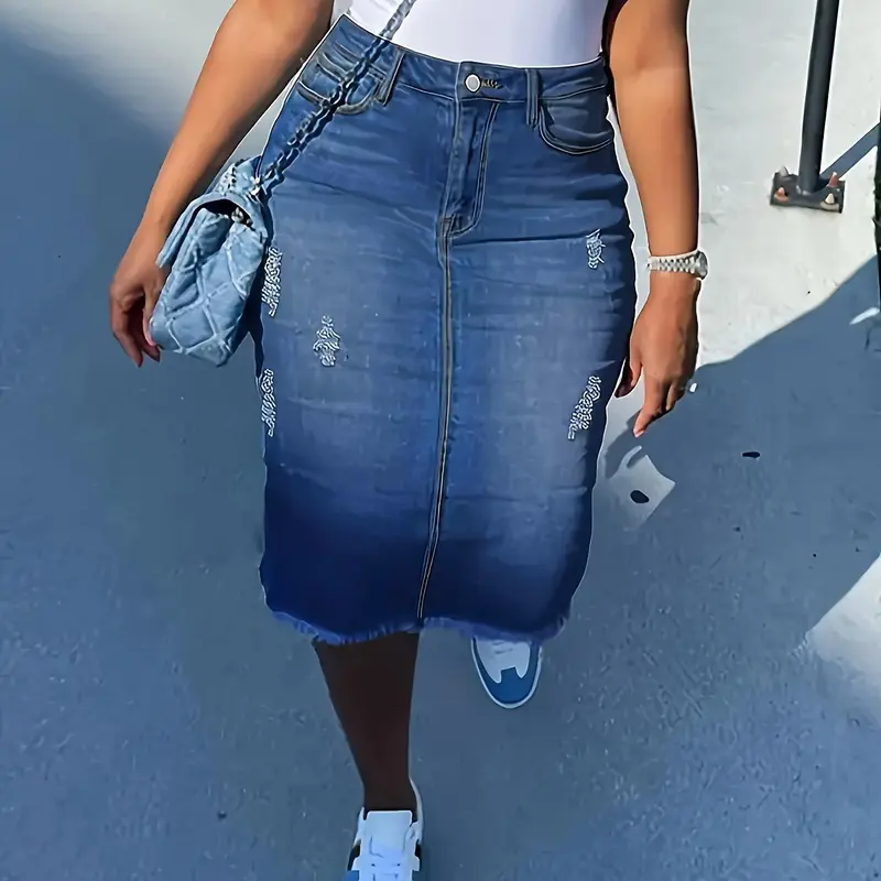 Women's Dark-Wash Ripped Denim Skirt, Lightweight Button-Front Casual Summer Bottom for Daily Outdoor Wear, Casual Bodycon Skirt, Casual Fitted Skirt, Slim Fitting Skirt