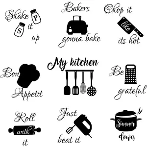 Kitchen Wall Stickers Kitchen Quotes Wall Decals with Funny Lettering Vinyl Fun Utensils Sticker Peel and Stick Arts for Fridge Restaurant Bar Home Decoration(Large,Black)