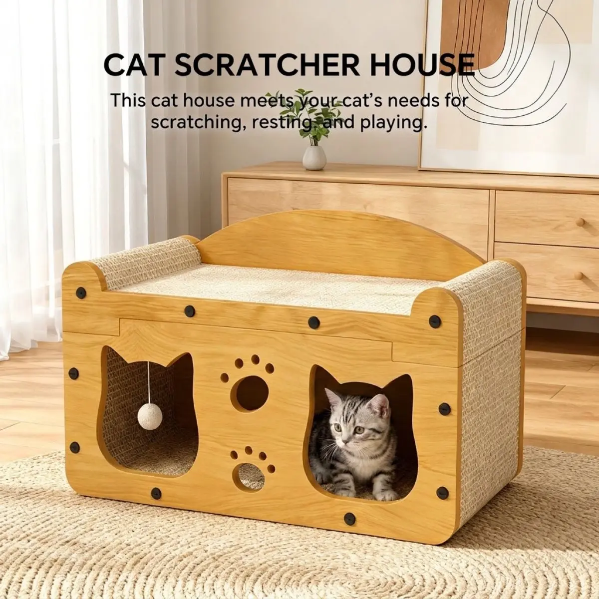2 in 1 Cat Scratcher House, Wooden Cat Bed with Cardboard Scratching Pad & Hanging Ball Toy, Cat Cave Hideaway for Indoor Cats Kittens