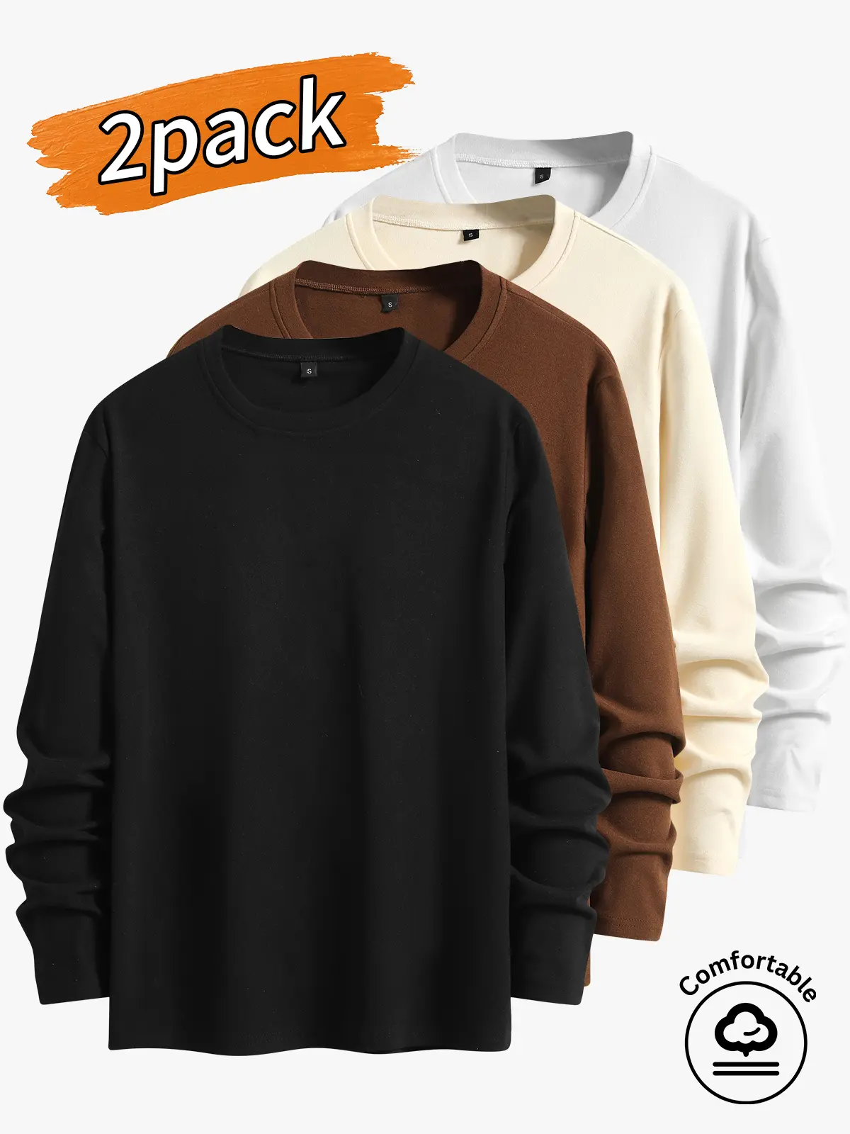 2-pack men's tops, men's long-sleeve T-shirts, men's loose-fit long-sleeve T-shirts.Classic crew neck with a close yet comfortable fit that doesn’t choke the neck; drop-shoulder long sleeves enhance the silhouette; loose and versatile, flattering on all b