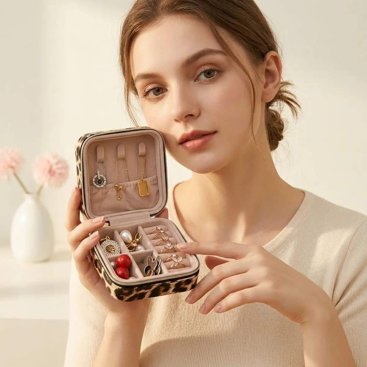 Women's PVC Portable Small Checkerboard Jewelry Box - Room Accessories, Travel Organizer with Zipper Closure, Ideal Mother's Day Gift for Rings, Earrings, Necklaces Storage, Mother's Day Gifts