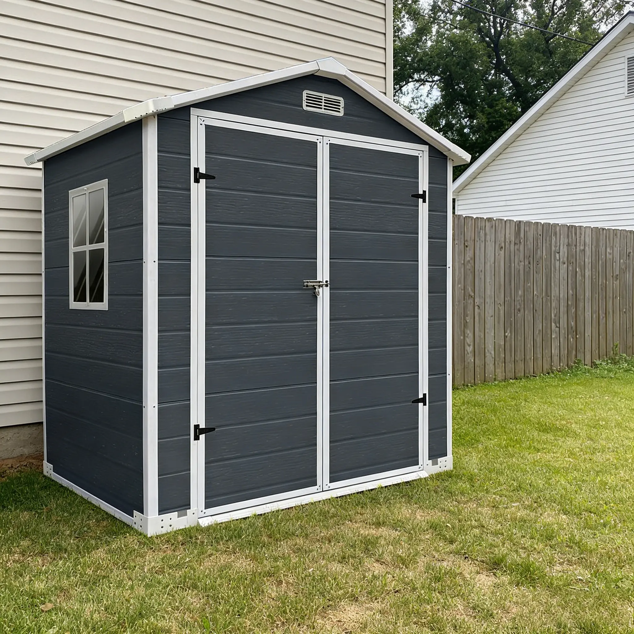 6 x 4 FT Gray plastic outdoor storage shed, integrated reinforced bottom plate+lockable aluminum alloy door frame, with lighting windows, double ventilation holes, waterproof and sun resistant, courtyard lawn, gardening tool storage room