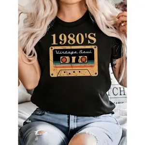 Women's Vintage Crew Neck T-Shirt 1980s Cassette Tape Graphic Print 100% Cotton Short Sleeve Black Music Lover Apparel Top Womenswear Casual Crewneck