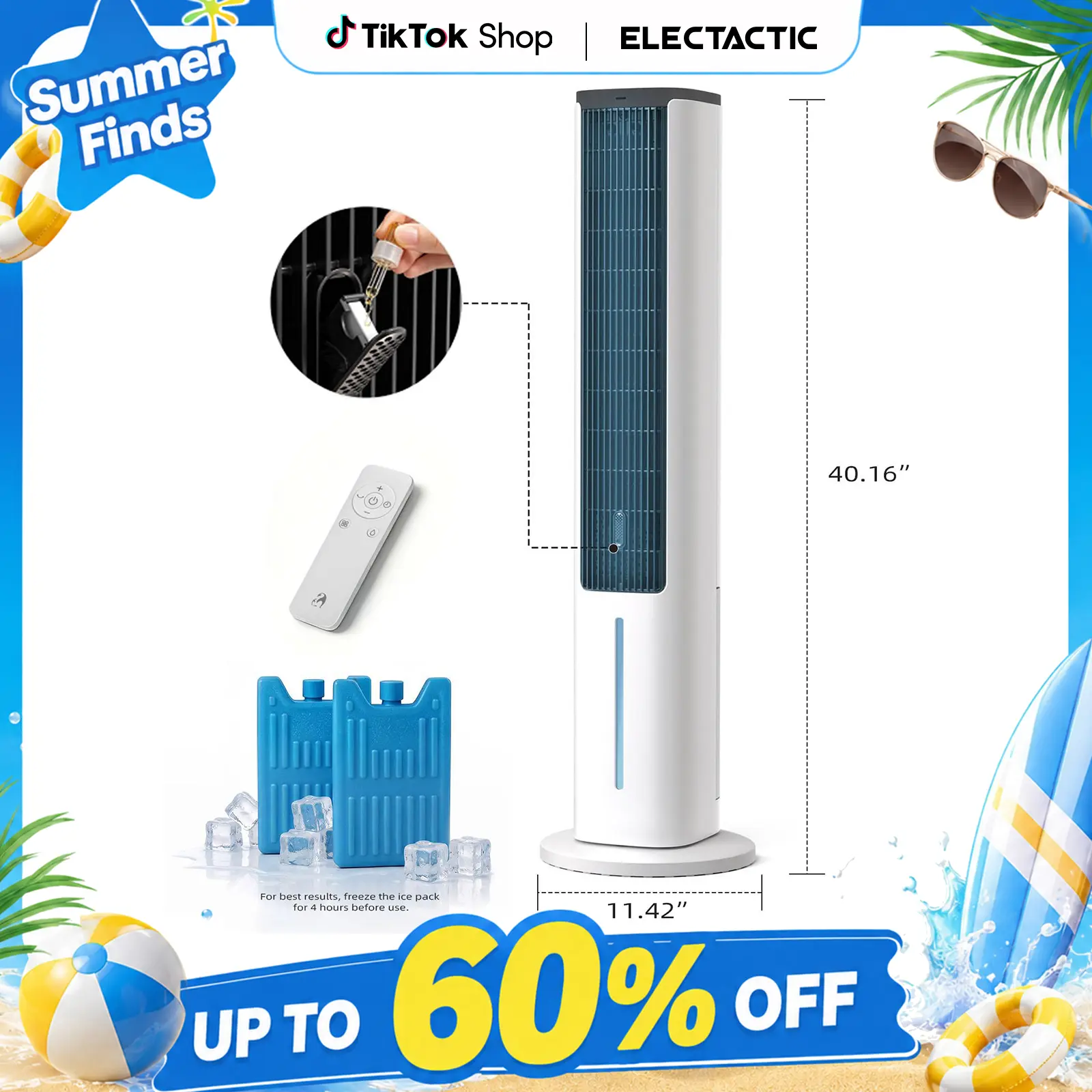 Electactic 3-In-1 Portable Air Conditioners Fan, 40" Standing Fans that Blow Coold Air, 80° Oscillating Bladeless Cooling Fan for Bedroom, 5L Removable Water Tank, 15H Timer, 4 Speeds + 3 Modes, Aromatherapy Box, Remote Control, White