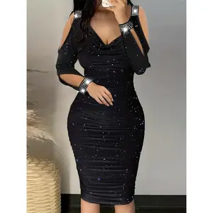 Long Sleeve Red Bodycon Dress - Elegant, Rhinestone-Embellished, Stretchy Polyester Blend for Spring/Fall Events