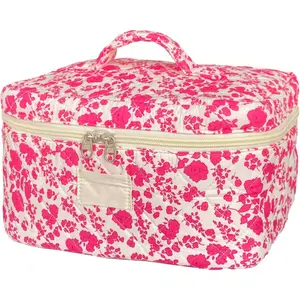 Rose Red Large Quilted Floral Makeup Bag Cute Soft Coquette Aesthetic Cosmetic Bag Cotton Travel Toiletry Bag for Women