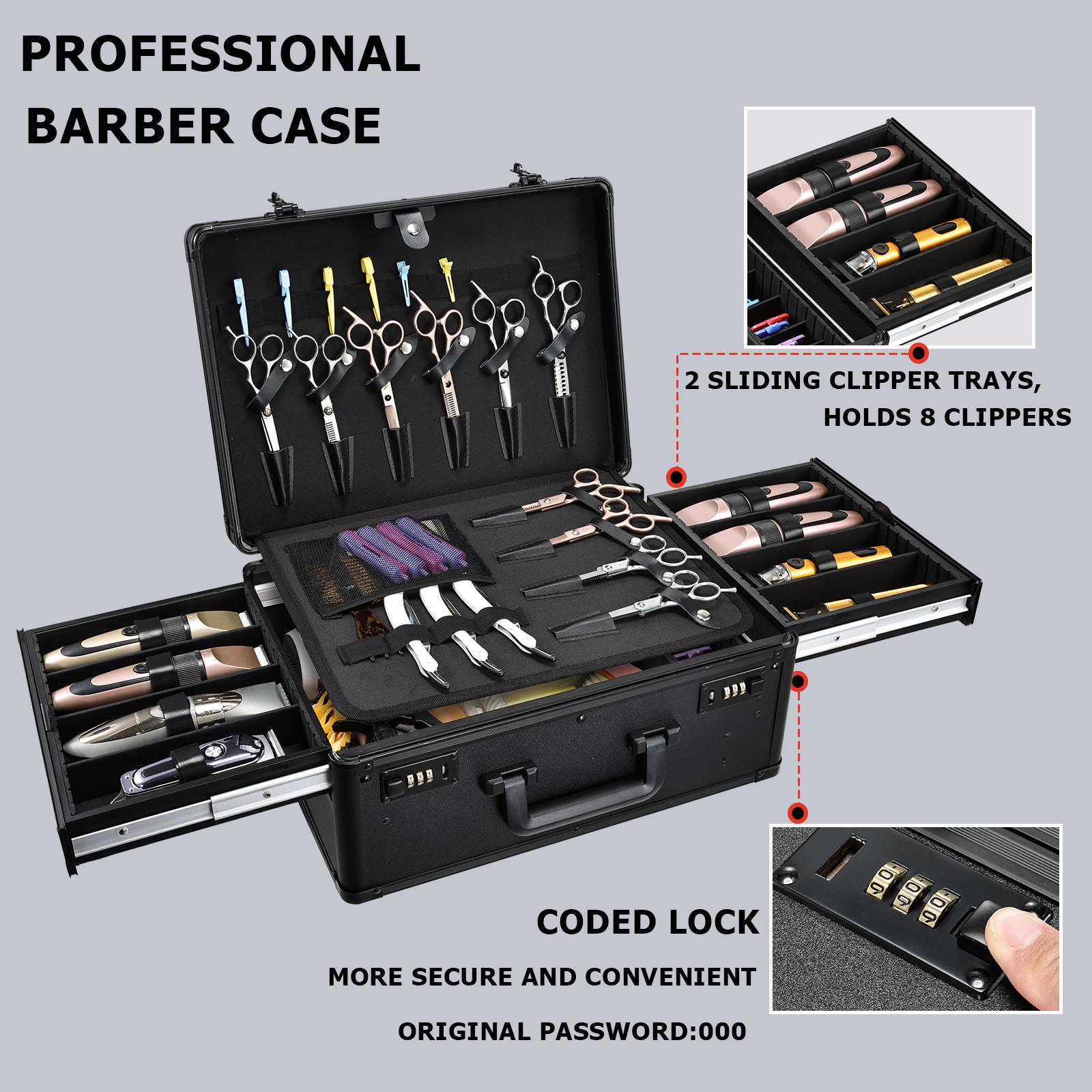 Professional Barber Case Large Hairdresser Carrying Suitcase with Combo Locks Barbers Briefcase Tool Case for Clippers and Supplies Hair Scissors Trimmer Salon Travel Organizer