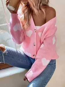 Women's Heart Print Button Front Drop Shoulder Cardigan, Casual Long Sleeve V Neck Knitwear for Fall & Winter, Women Clothing