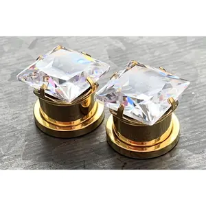 PAIR of Stunning Gold Large Square CZ Gem Steel Screw Fit Tunnels/Plugs - Gauges 8g (3.2mm) thru 1/2" (12mm)