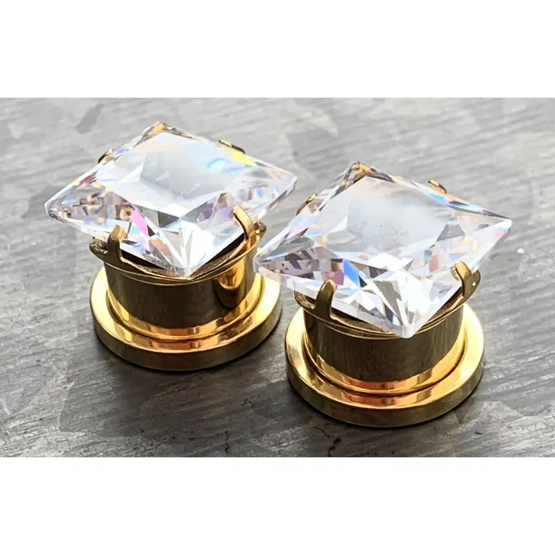 PAIR of Stunning Gold Large Square CZ Gem Steel Screw Fit Tunnels/Plugs - Gauges 8g (3.2mm) thru 1/2" (12mm)